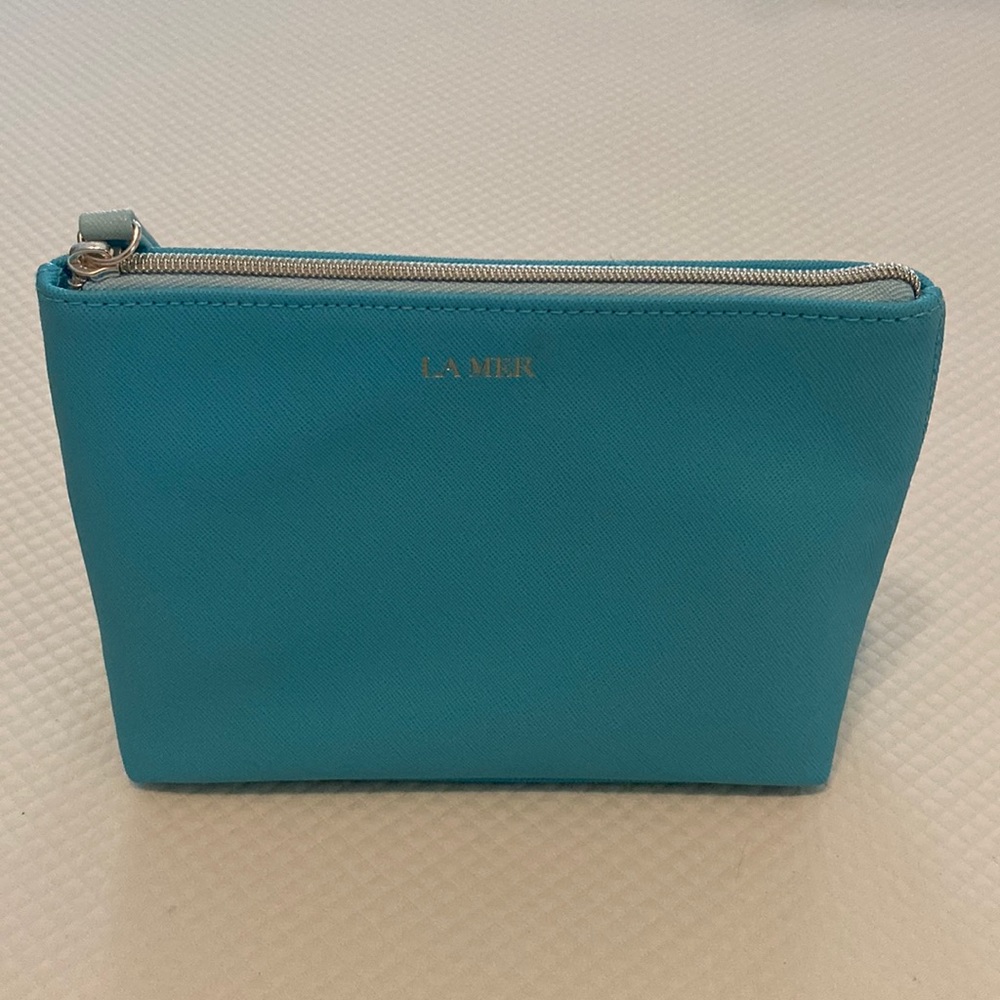 La Mer Blue Cosmetic Makeup Toiletry Travel Bag Case Zipper Vegan Leather Pouch